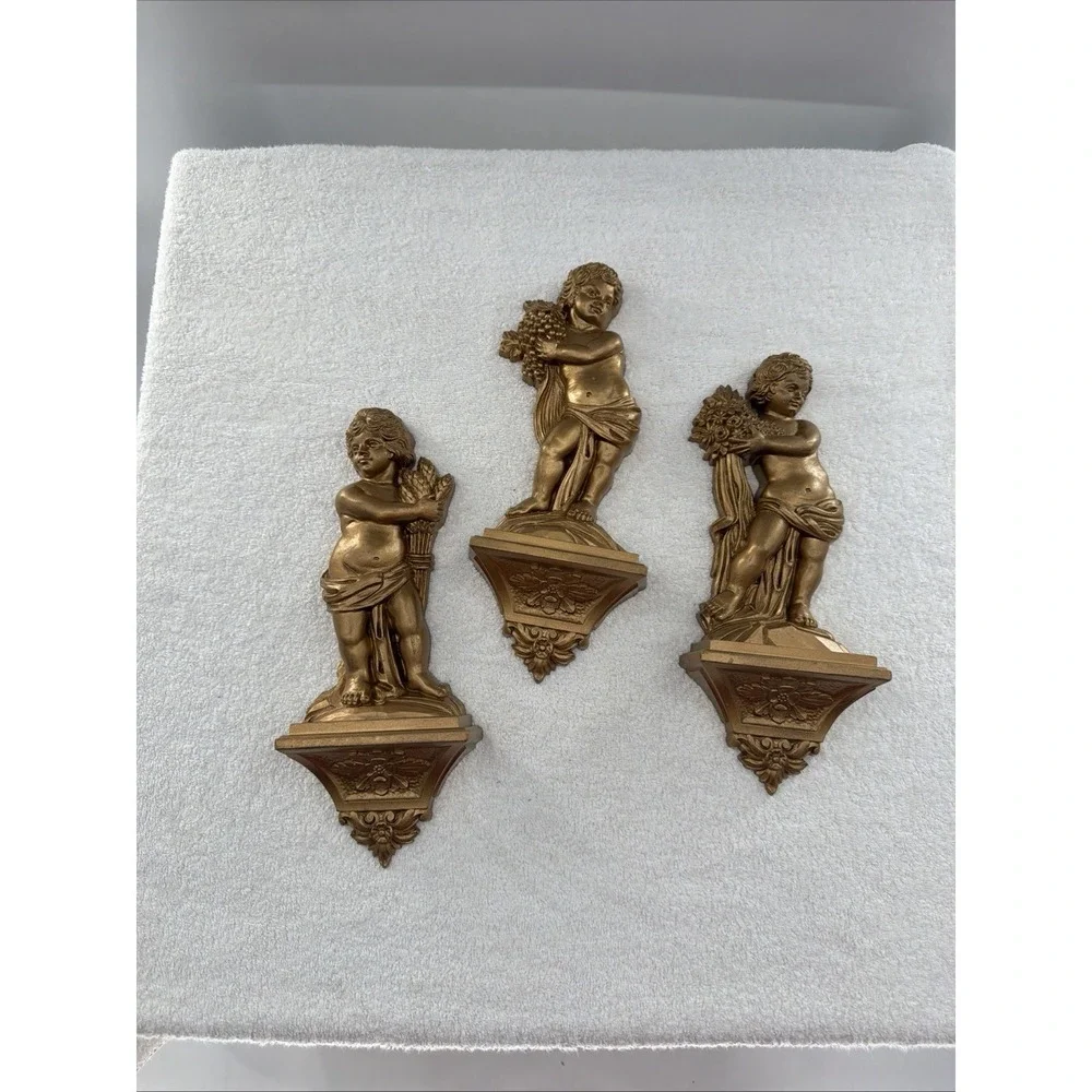 Vintage 3 Gathering The Harvest Cherubs  Wall Decor Plaques Baroque Rococo USA
